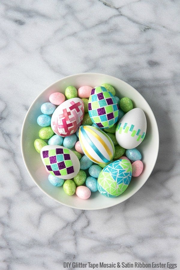 DIY Glitter Tape Mosaic and Satin Ribbon Easter Eggs