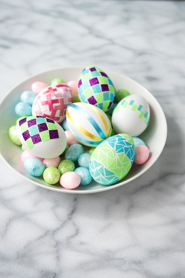 DIY Glitter Tape Mosaic and Satin Ribbon Easter Eggs 