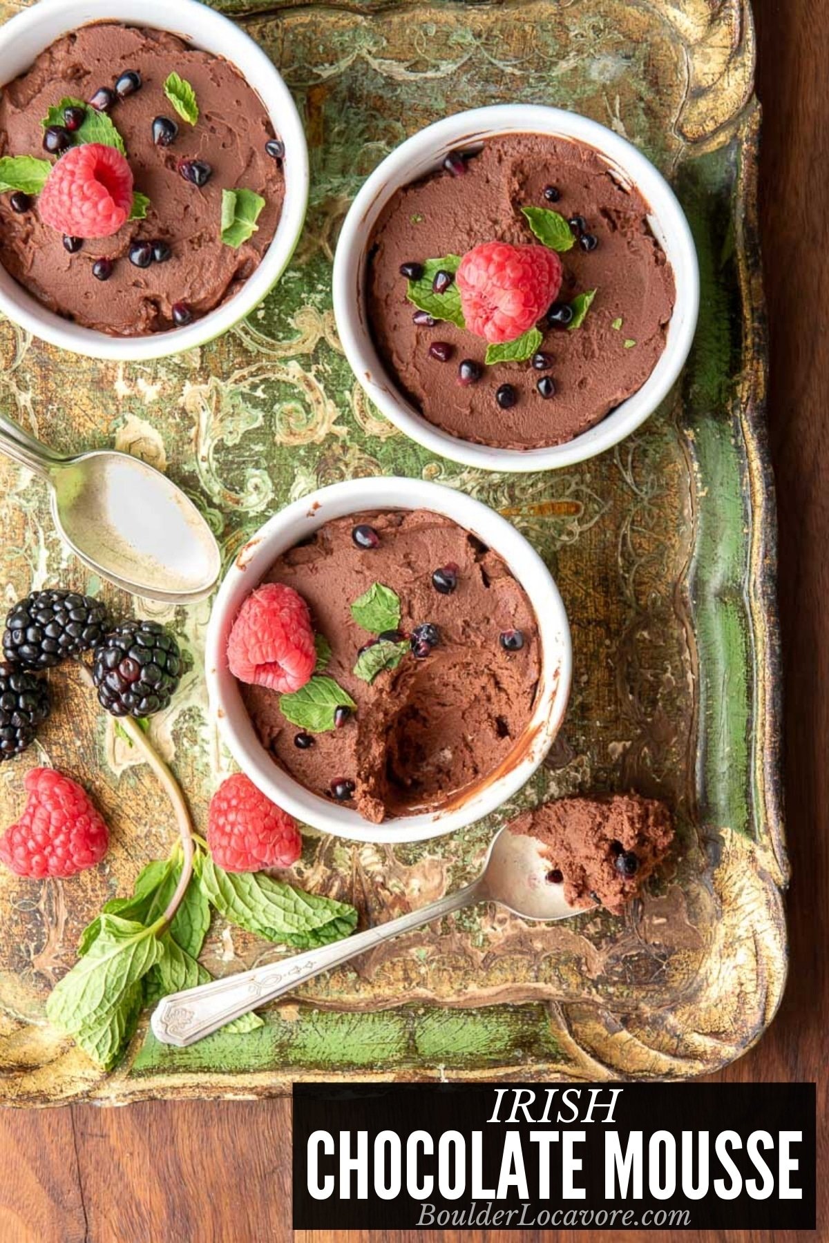 Irish Chocolate Mousse in ramekins on tray