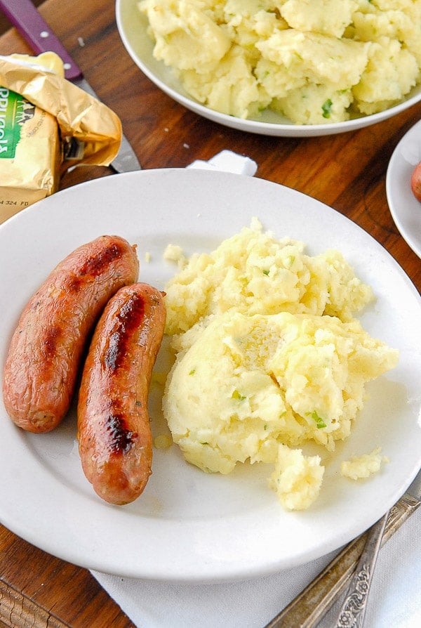 Plate of Irish Potato Champ and sausages