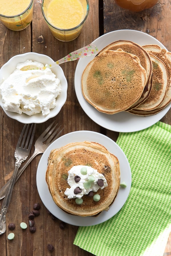 Chocolate Chip Pancakes with Homemade Vanilla Syrup and whipped cream