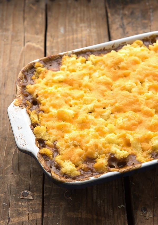 Cottage Pie out of oven with melted cheese on top