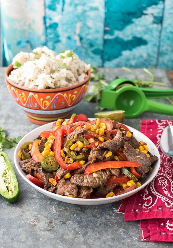 Spicy Southwestern Steak Stir Fry with red peppers and corn