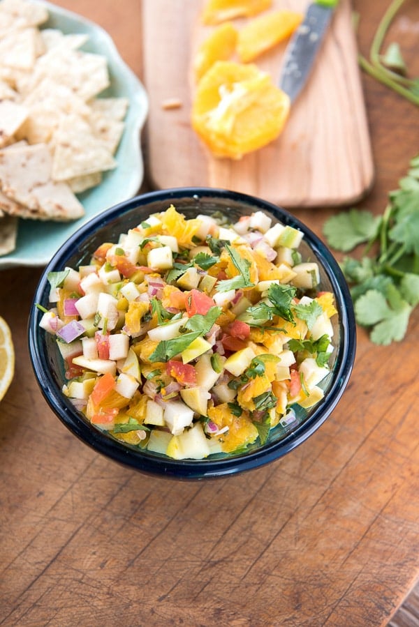 Chayote Orange Salsa In blue bowl