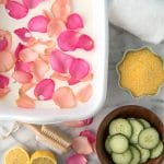 Milk bath rose petals, cornmeal, cucumber slices