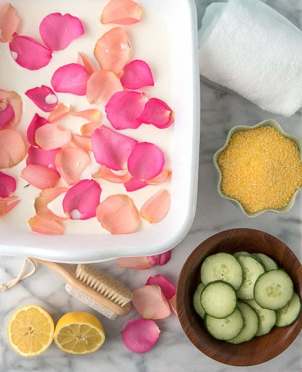 Milk bath rose petals, cornmeal, cucumber slices