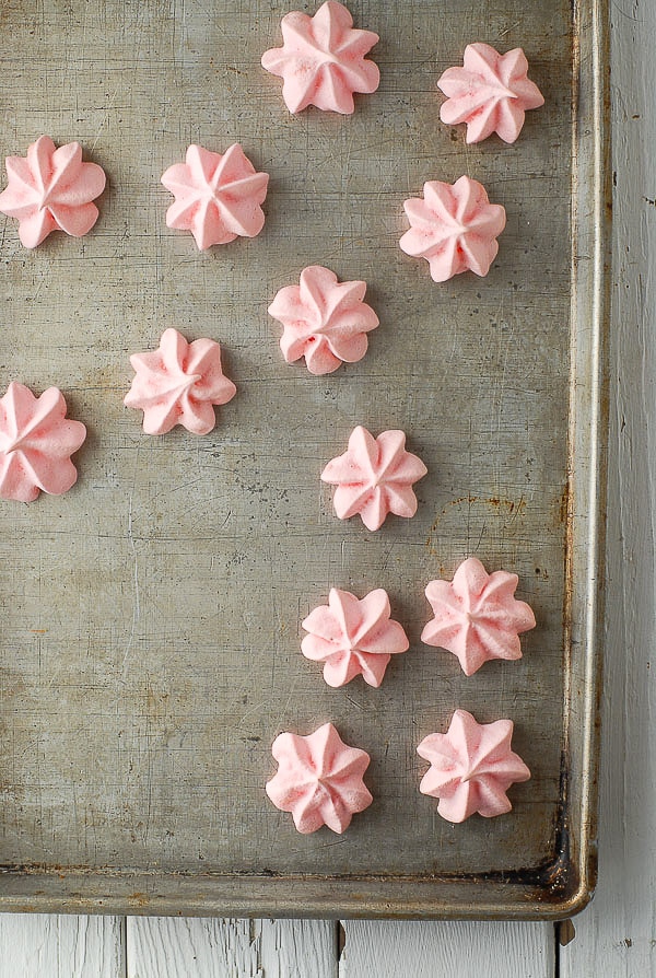 Forget Me Nots (rose-flavored meringue cookies) on baking sheet