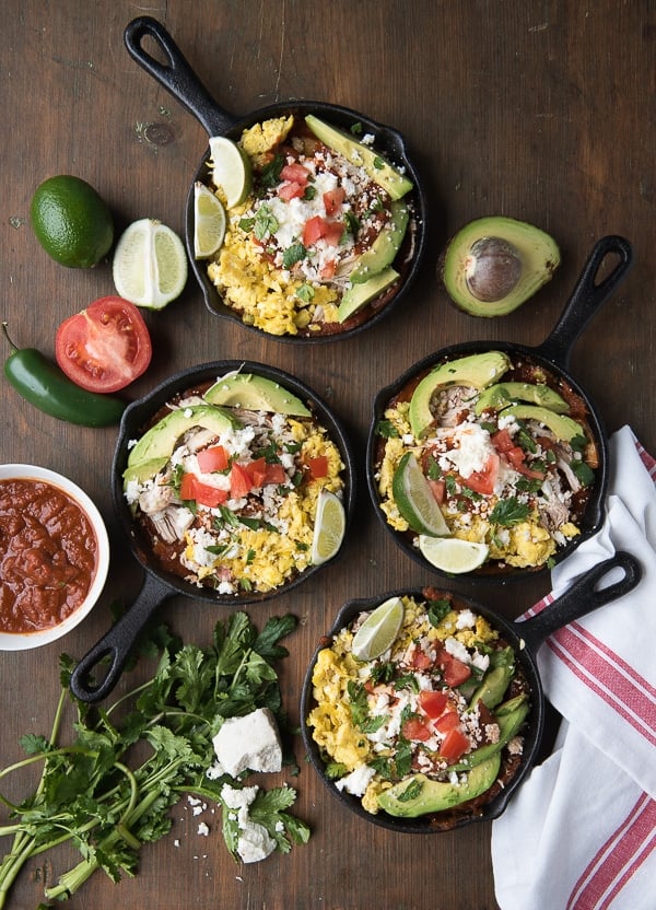Spicy Chipotle Chicken Chilaquiles in mini skillets