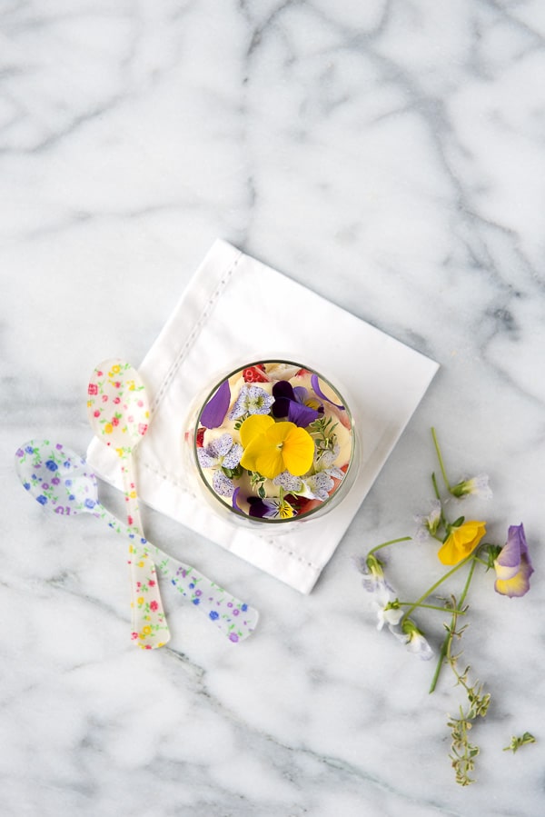 Strawberry Lemon Custard Trifle with edible flowers 