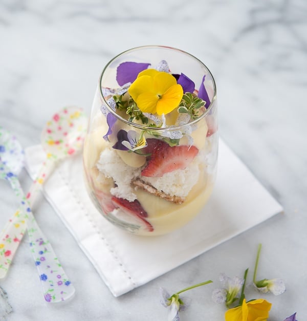 Strawberry Lemon Custard Trifle with edible flowers 