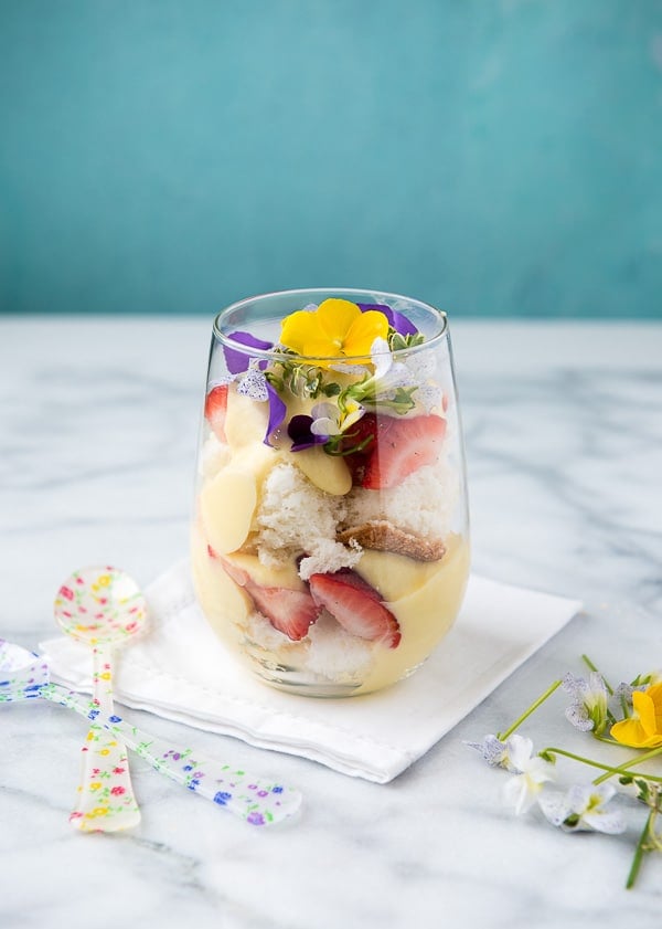 Strawberry Lemon Custard Trifle with edible flowers 