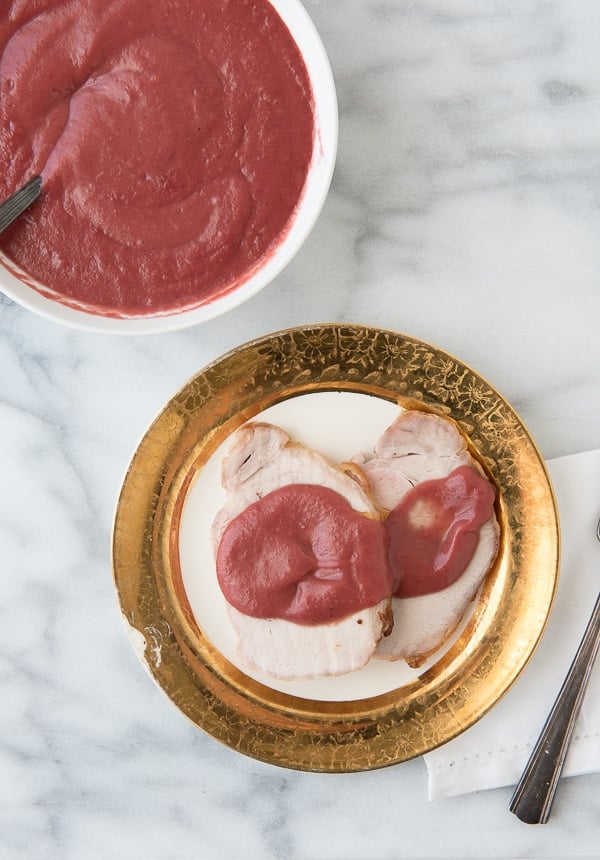 Boneless Pork Loin Roast slices with Rhubarb-Cherry Port Sauce 