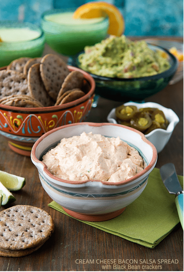 Cream Cheese Bacon Salsa spread with Black Bean crackers gluten-free 