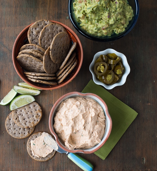 Cream Cheese Bacon Salsa spread with Black Bean crackers gluten-free and guacamole