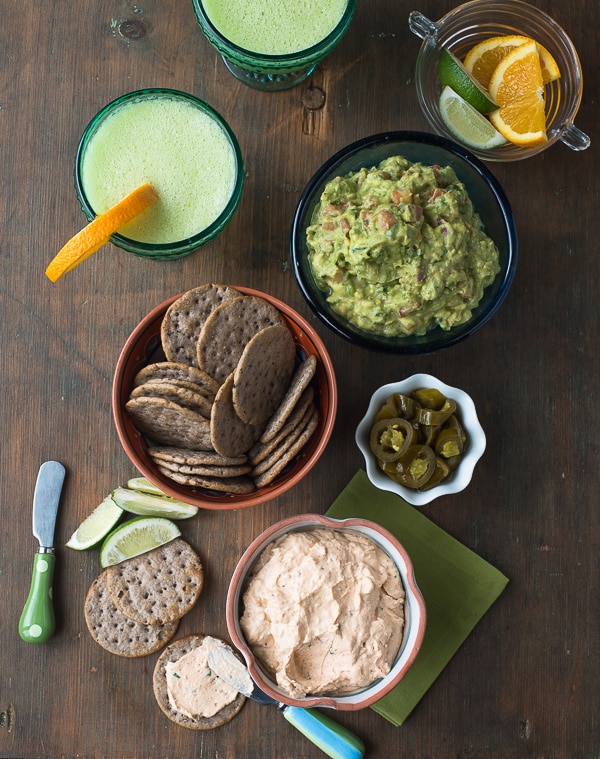 Cream Cheese Bacon Salsa spread with Black Bean crackers with Honeydew Melon Margaritas 