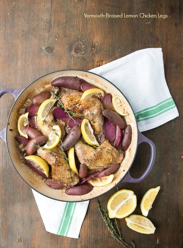 Vermouth-Braised Lemon Chicken Legs in purple pan