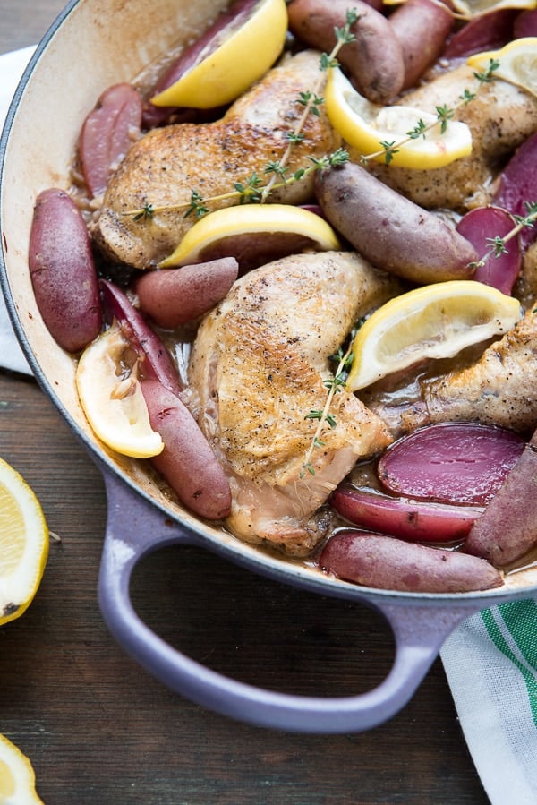 Vermouth-Braised Lemon Chicken Legs and purple potatoes