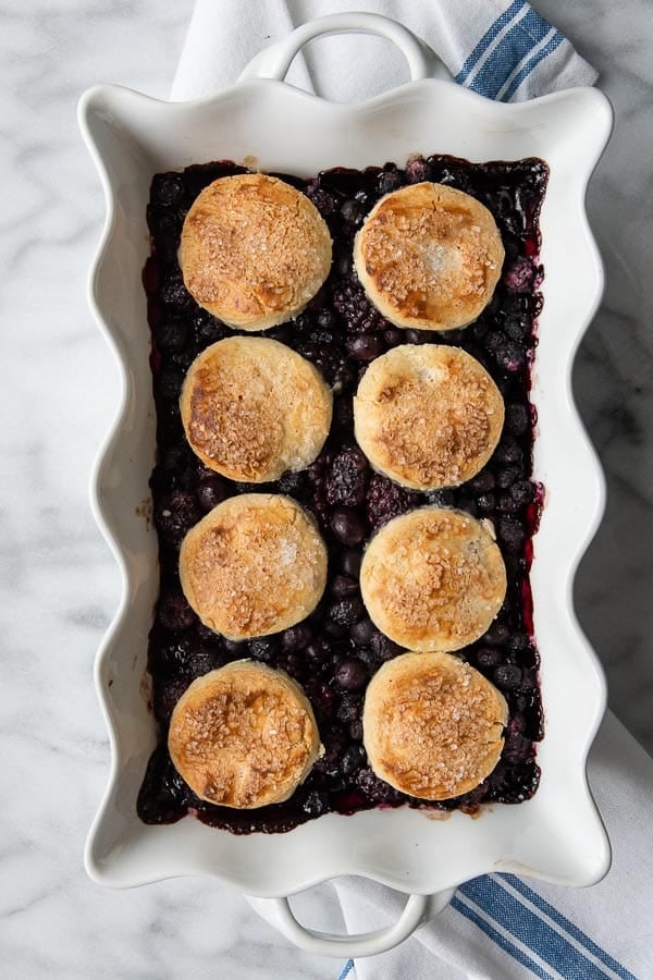 Freshly baked Three Berry Cobbler with gluten-free Sour Cream Biscuits in a white baking dish