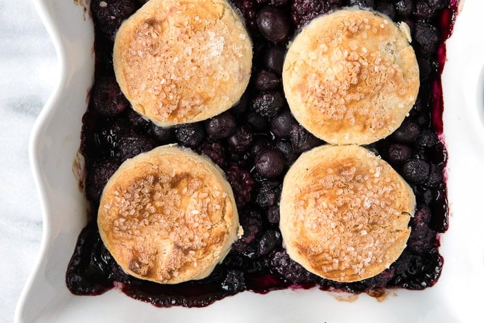 Three Berry Cobbler with sour cream biscuits in a white baking dish