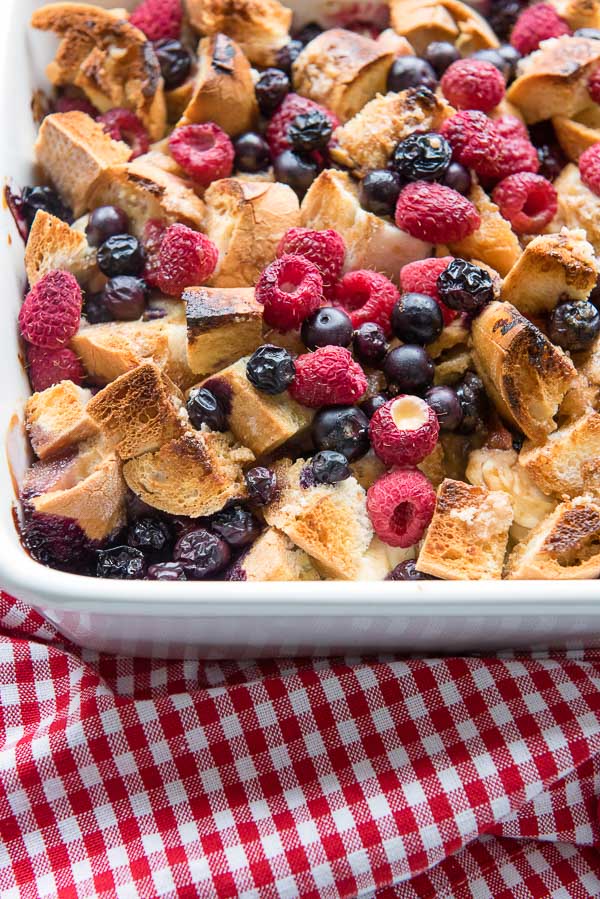 Overnight French Toast Casserole with a red and white checked cloth