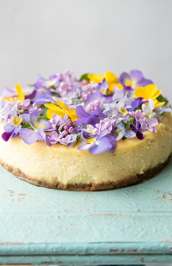 Lemon Cheesecake with Vanilla Wafer Crust and Edible Flowers  on green tray