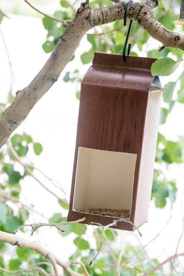 DIY Milk Carton Bird Feeders hanging in tree