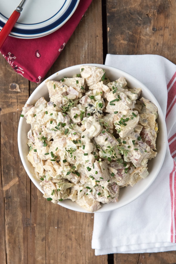 Grill-Smoked Creamy Smoked Potato Salad with Bacon overhead in bowl