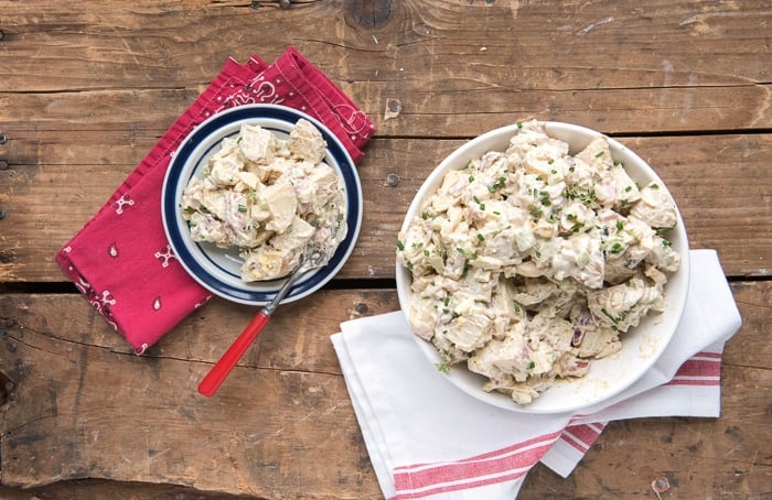 Grill-Smoked Creamy Smoked Potato Salad with Bacon on plate