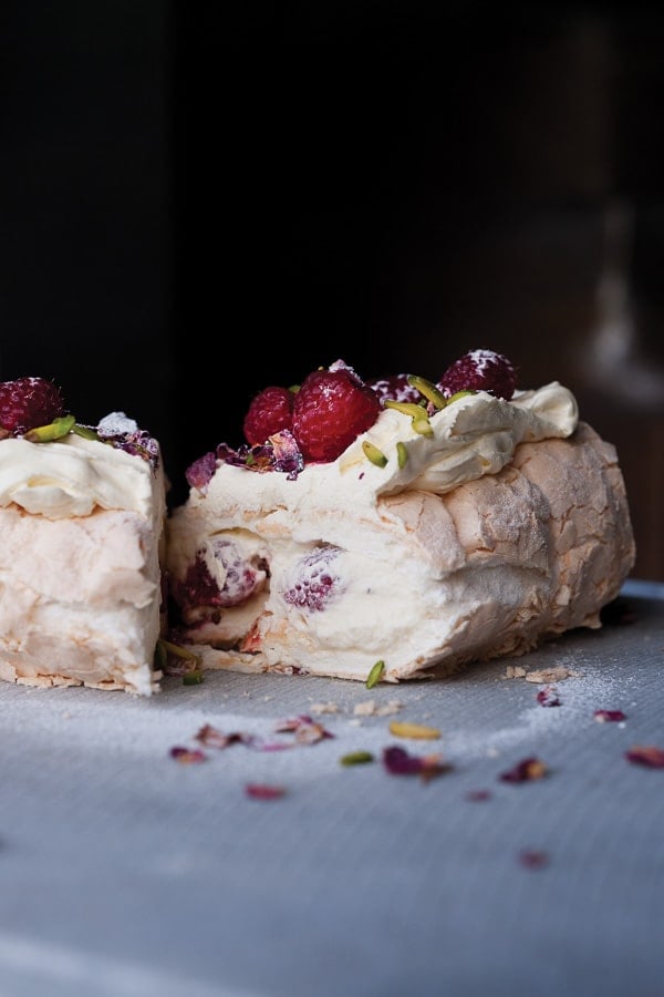 Meringue Roulade with Rose Petals and Fresh Raspberries from Plenty More (Ten Speed Press) 