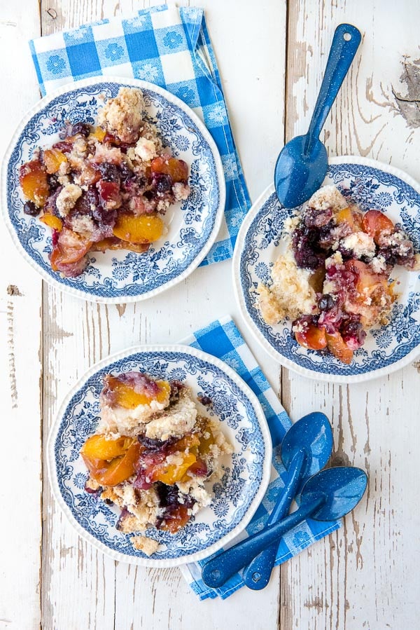 Peach Blueberry Cobbler on three plates