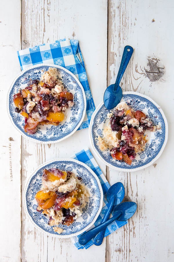 Peach Blueberry Cobbler on vintage blue and white plates