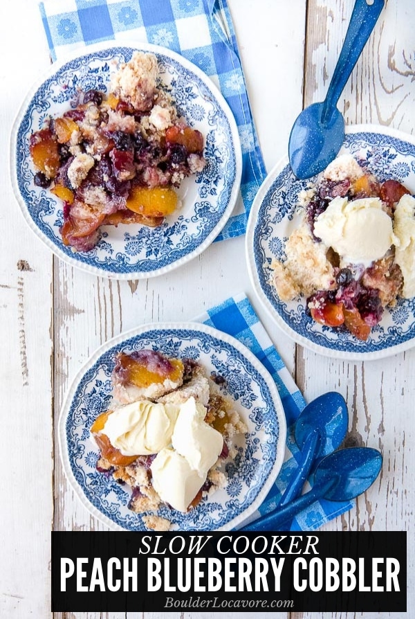 Slow Cooker Peach Blueberry Cobbler title image