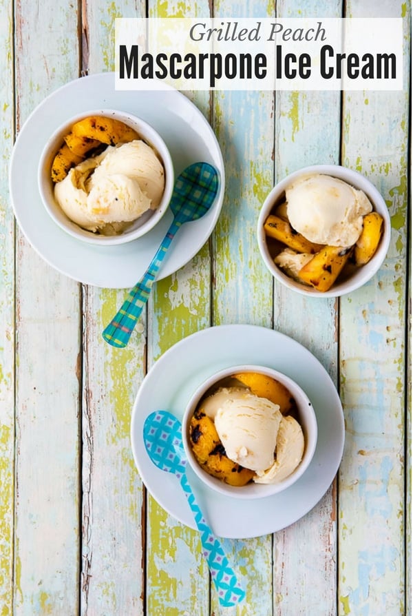 Three bowls of Grilled Peach Mascarpone Ice Cream