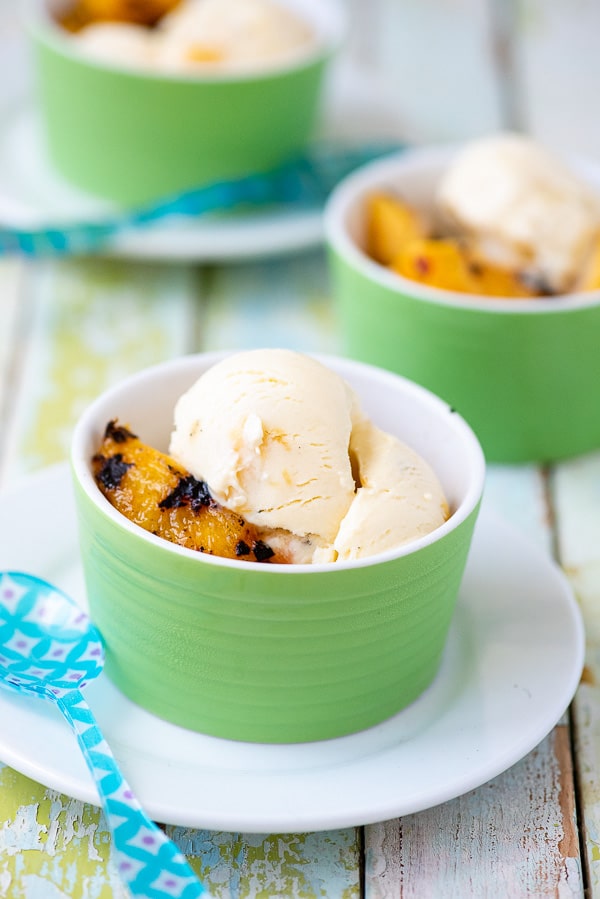 side view of Grilled Peach Mascarpone Ice Cream bowls