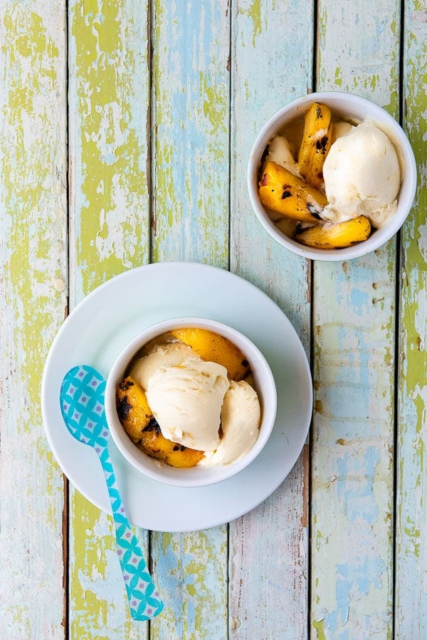 two small bowls of Grilled Peach Mascarpone Ice Cream 