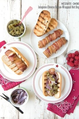 3 plates with Mesquite-smoked Jalapeno Cheese Bacon-Wrapped Hot Dogs