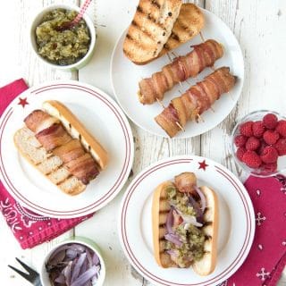 3 plates with Mesquite-smoked Jalapeno Cheese Bacon-Wrapped Hot Dogs