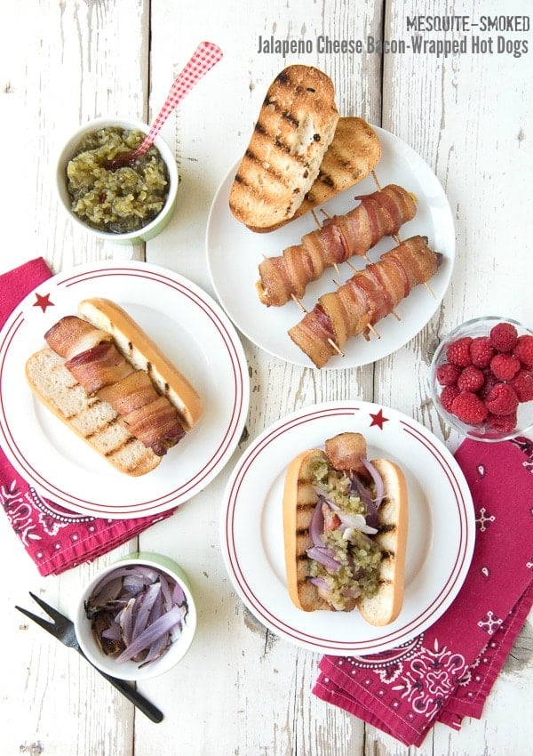 3 plates with Mesquite-smoked Jalapeno Cheese Bacon-Wrapped Hot Dogs 