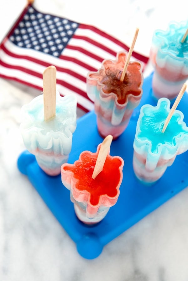 Red White and Blue striped rocket popsicles in molds