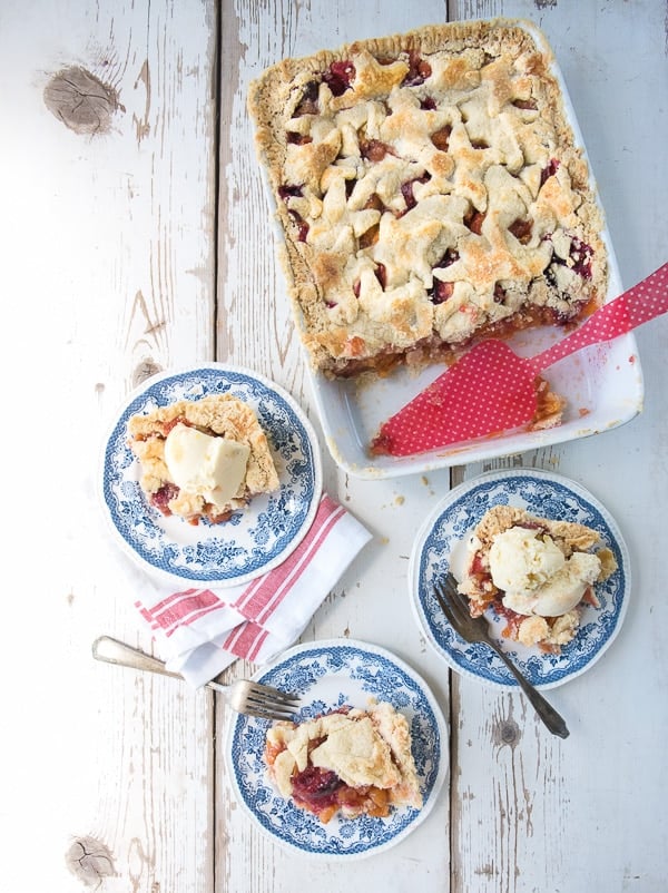 Stone Fruit Slab Pie in pan and plares