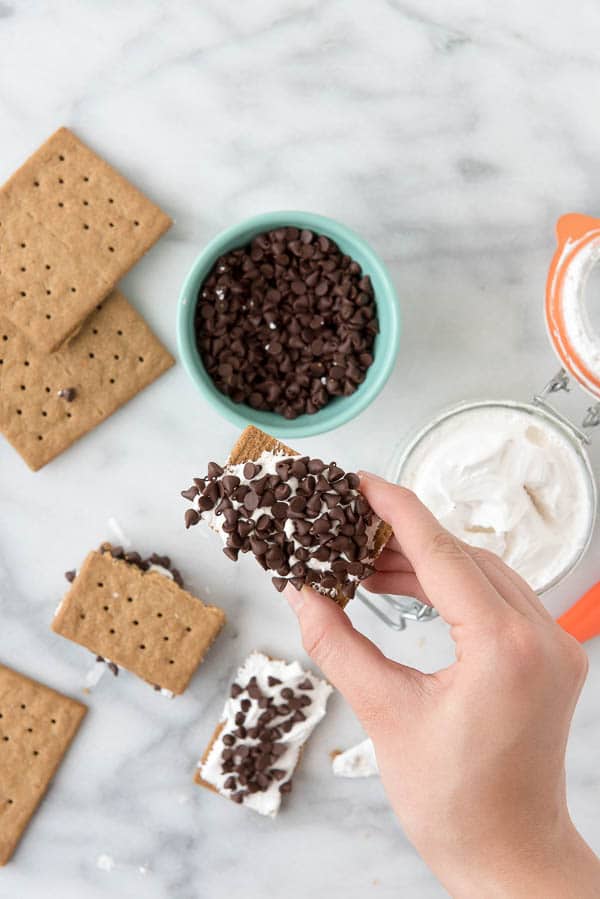 cracker with marshmallow fluff and mini chocolate chips