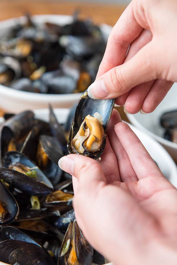 open mussel shell in hands