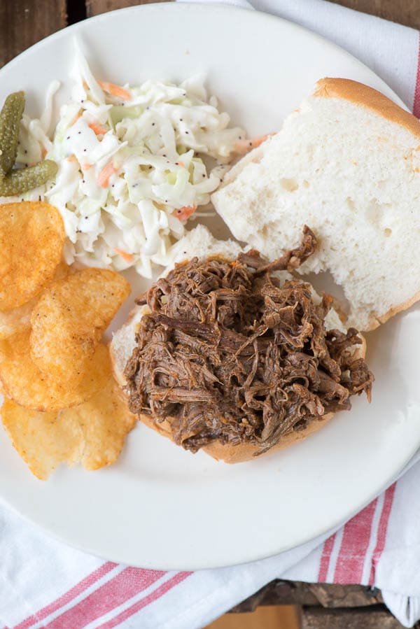 Shredded Barbecue Beef Sandwich with potato chips