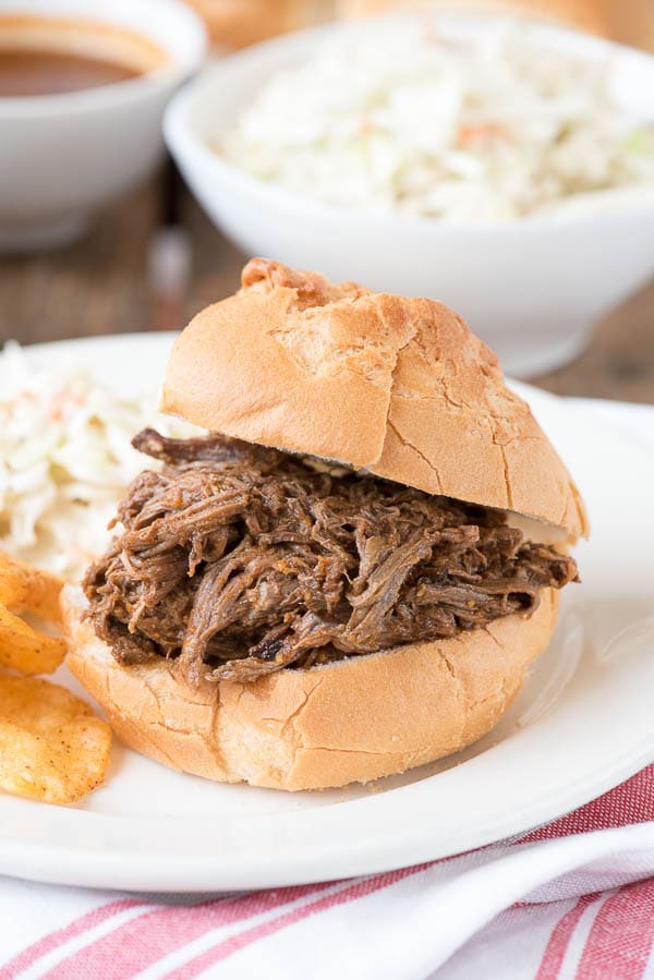 Slow Cooker Shredded Barbecue Beef Sandwiches on plate