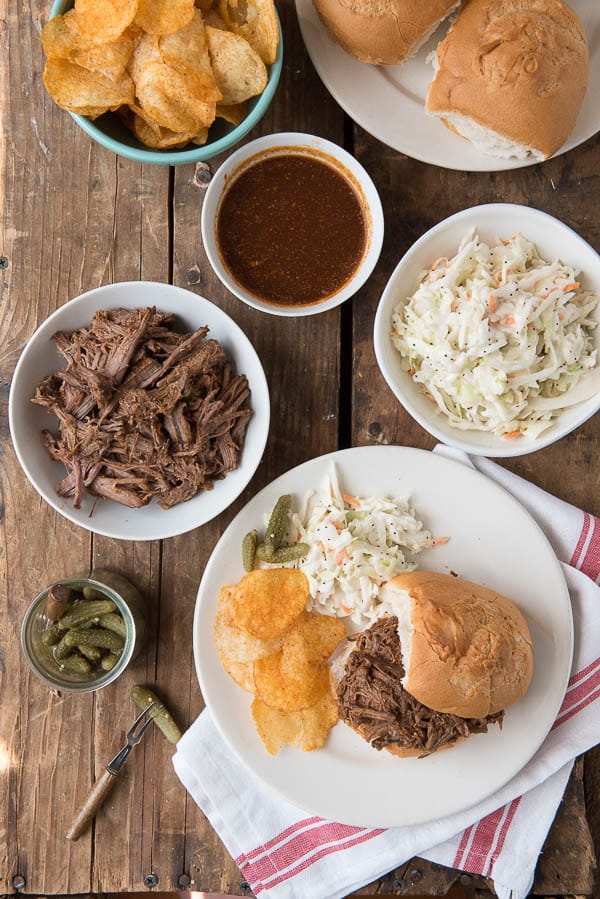 Slow Cooker Shredded Barbecue Beef Sandwiches and ingredients