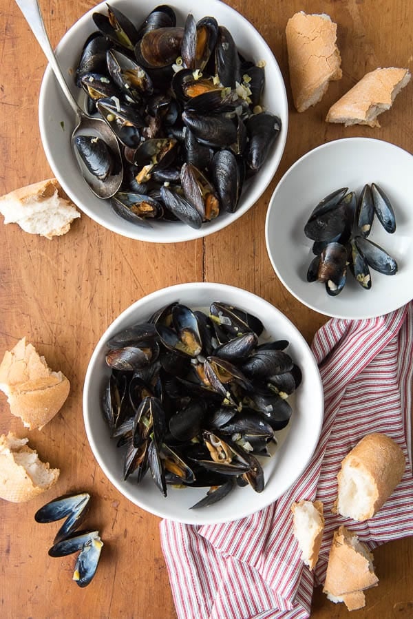 Thai-inspired Coconut Milk Mussels with Garlic, Ginger and Lemongrass in bowls