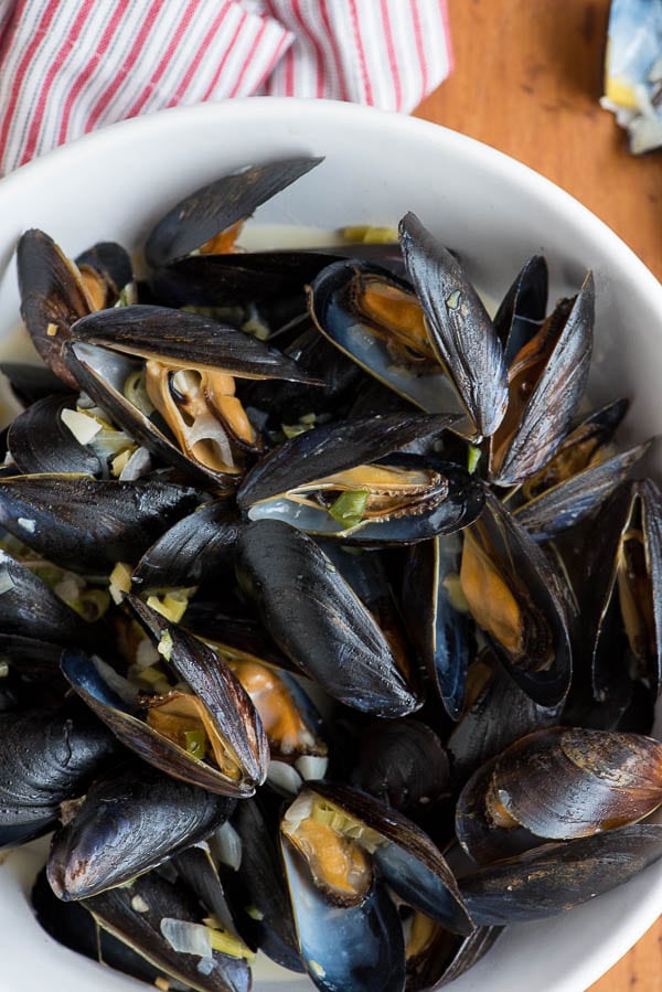 Thai-inspired Coconut Milk Mussels with Garlic, Ginger and Lemongrass closeup