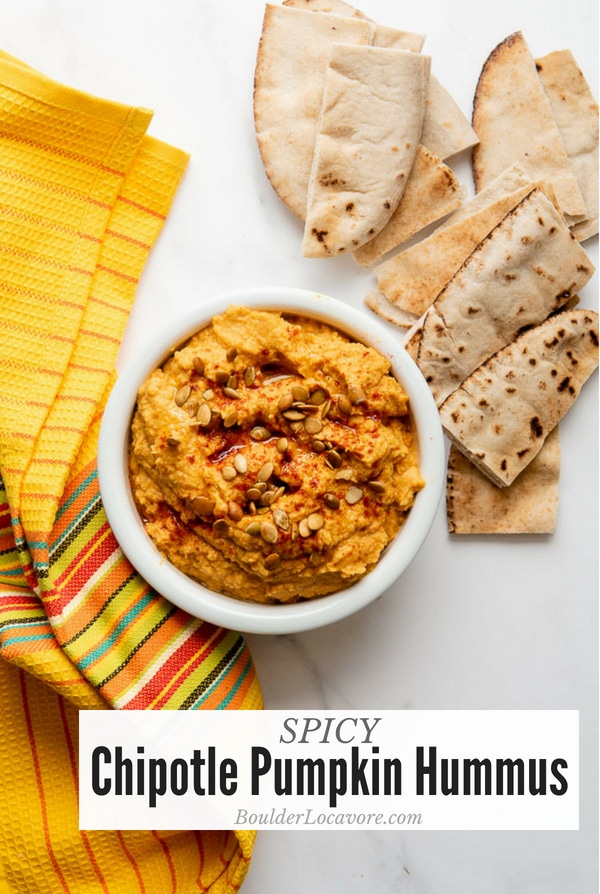 Spicy Chipotle Pumpkin Hummus takes 5-minutes to make! An EASY recipe made with wholesome ingredients with smoky, spicy and sweet flavors. Perfect for last minute entertaining or a great lunch box addition for kids or adults! #easyrecipe #healthyrecipe #hummus #pumpkin #appetizer #fastrecipe #chipotle #entertaining #fall #gluten-free