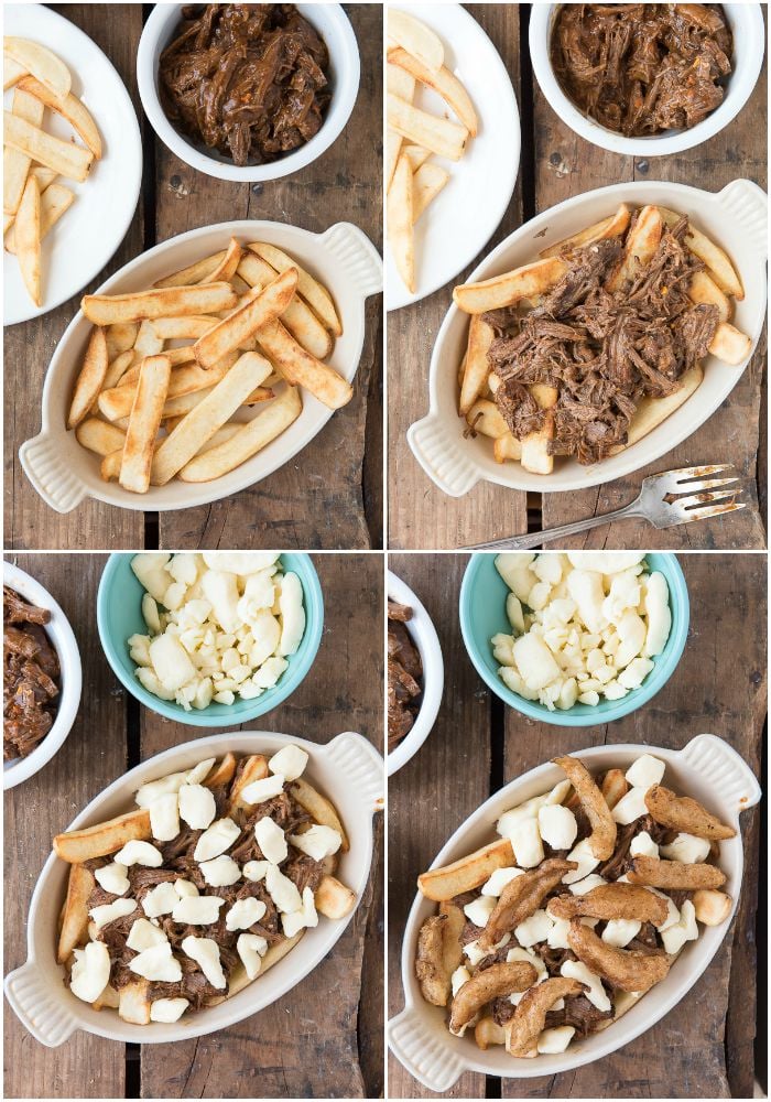 Barbecue Beef Poutine with Beer-Battered Onions layering steps