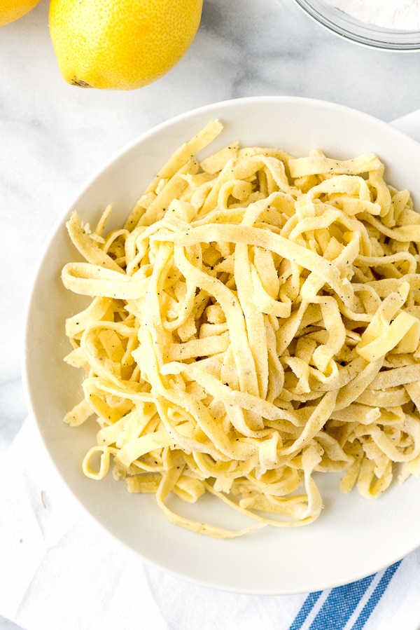 Homemade Gluten-Free Lemon Pepper Fettuccine Pasta in white bowl